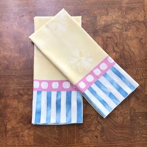 Vintage Yellow Floral and Blue Striped Pillowcases Standard Size